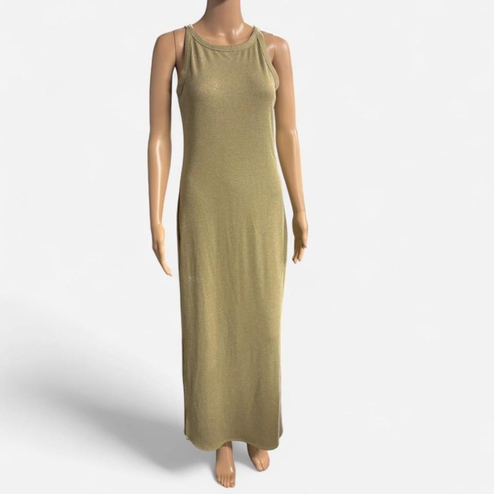 A New Day Womens XS Gold Ribbed Knit Metallic Sleeveless Side Slit Maxi Dress